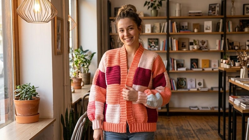 Pode incluir: Um cardigan patchwork em tons de p&ecirc;ssego, rosa e bord&ocirc;. O su&eacute;ter de frente aberta apresenta um design geom&eacute;trico com blocos quadrados e retangulares. As mangas t&ecirc;m um remendo azul claro no cotovelo. O cardigan &eacute; feito de um material de malha macia.