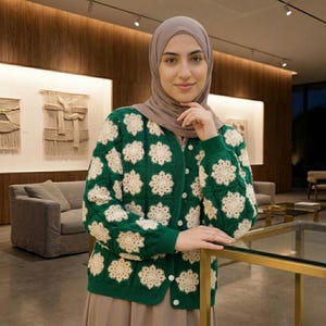 May include: A green cardigan with white floral patterns. The cardigan has a button-up front and long sleeves. The person is wearing a brown hijab and a long beige skirt.