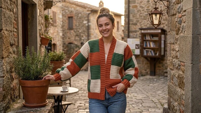 Pode incluir: Uma mulher usando um cardigan de patchwork em tons de laranja, verde e creme. O cardigan aberto &eacute; combinado com jeans azuis. O cen&aacute;rio &eacute; uma cena ao ar livre com edif&iacute;cios de pedra e uma rua de paralelep&iacute;pedos. O cardigan tem um corte descontra&iacute;do.
