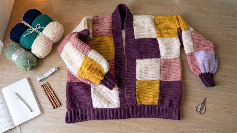 Pode incluir: Um cardigan patchwork feito &agrave; m&atilde;o em tons de roxo, branco, rosa e amarelo. O su&eacute;ter aberto &eacute; exibido com novelos de l&atilde;, agulhas de croch&ecirc;, um caderno, uma caneta, uma fita m&eacute;trica e tesouras. O cardigan &eacute; uma pe&ccedil;a de roupa aconchegante e artesanal.