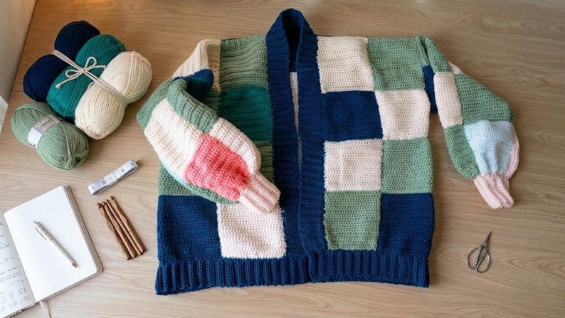 Pode incluir: Um cardigan de croch&ecirc; patchwork feito &agrave; m&atilde;o em tons de azul, verde e creme. O su&eacute;ter de frente aberta apresenta bainha e punhos canelados, com uma mistura de pain&eacute;is quadrados e retangulares. Fios, agulhas de croch&ecirc; e um caderno est&atilde;o por perto.
