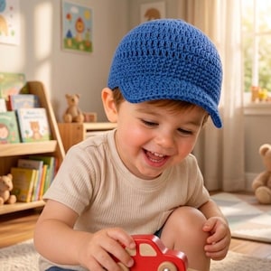 Può includere: Un cappellino da baseball blu brillante realizzato in filato lavorato all'uncinetto con una tesa strutturata e un motivo a maglia testurizzato. Il cappellino presenta un classico design a sei pannelli con corona arrotondata e visiera rigida.