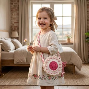 Puede incluir: Un vestido beige de manga larga con un dobladillo bordado de flores y un bolso bandolera redondo de ganchillo color crema con un centro rosa brillante y detalles perlados. El bolso tiene una correa gruesa trenzada y se lleva cruzado.