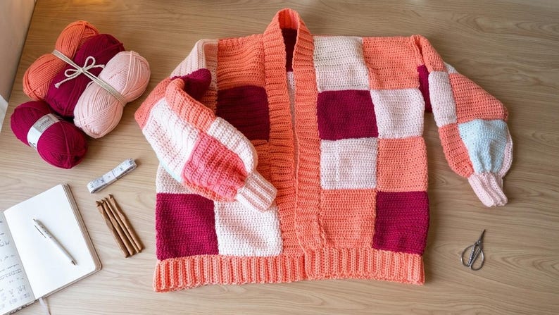 Pode incluir: Cardig&atilde; de croch&ecirc; patchwork feito &agrave; m&atilde;o em tons de p&ecirc;ssego, branco e bord&ocirc;. O su&eacute;ter aberto tem bainha e punhos canelados. Inclui novelos de l&atilde;, agulhas de croch&ecirc; e um caderno.