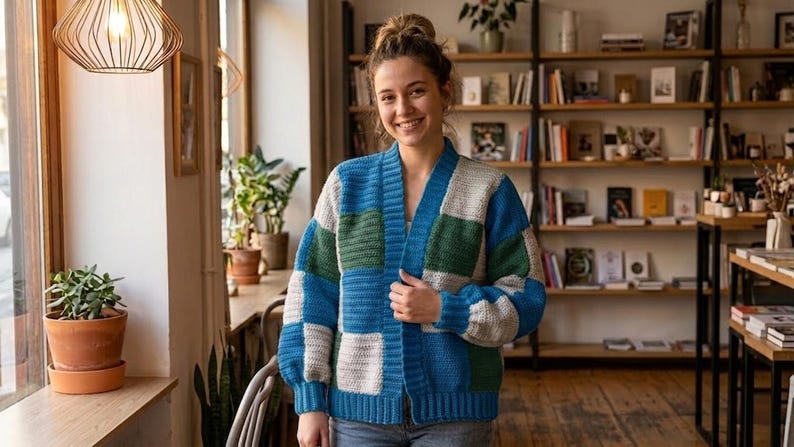 Pode incluir: Uma mulher usando um cardigan patchwork em tons de azul, verde e branco. O su&eacute;ter aberto tem decote em V e mangas compridas. O fundo inclui uma estante e uma janela com plantas.