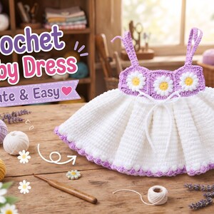 May include: A white crochet baby dress with a lavender trim and three daisy flower motifs on the bodice. The dress features thin shoulder straps and a white drawstring tie at the waist. The text Crochet Baby Dress Cute & Easy is visible.