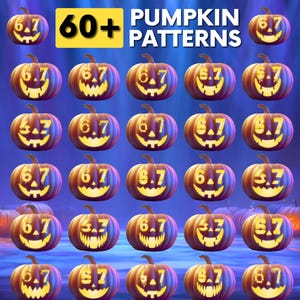 Può includere: Una collezione digitale di oltre 60 modelli per intagliare zucche con volti di jack-o'-lantern e il numero 6.7 intagliato sulla fronte. L'immagine include il testo INSTRUCTIONS + TIPS, Free, 60+ PUMP KIN PATTERNS, A4 Printable Size e US Letter Printable Size.