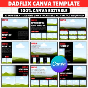 May include: A digital Canva template set featuring ten distinct Dadflix-themed designs for Father's Day. Each layout includes placeholders for images, black and red text elements, and a recurring green landscape graphic. The templates measure 10x8 inches.