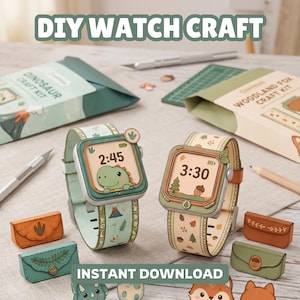 Puede incluir: Dos relojes inteligentes con fundas personalizadas con temática de dinosaurios y bosque. El reloj de dinosaurio marca las 2:45 y el de bosque las 3:30. Incluye kits de manualidades etiquetados como Dinosaur Craft Kit y Woodland Fox Craft Kit.