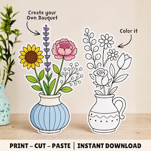May include: Two floral bouquet stickers. One features a sunflower, lavender, and pink peony in a blue vase. The other is a black and white outline of flowers in a vase, with the text "color it". The text "Create your own bouquet" is also present.