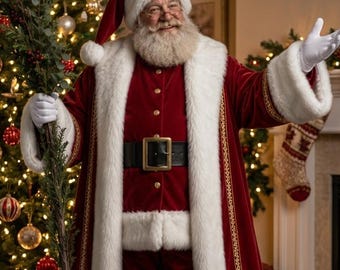 Red Velvet Santa Coat Set, Plush Fur Lined Christmas Costume