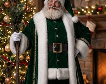 Green Velvet Victorian Santa Coat, Plush Faux Fur Trim, Luxury Christmas Costume