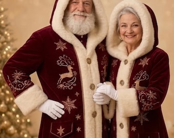 Embroidered Velvet Santa Couple Set, Faux Fur Trim Christmas Coat (Men & Women)