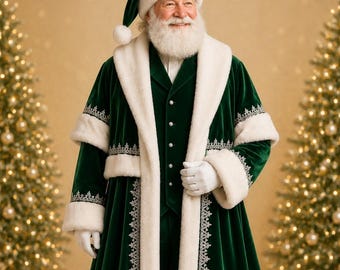 Luxury Green Santa Coat with Silver Embroidery