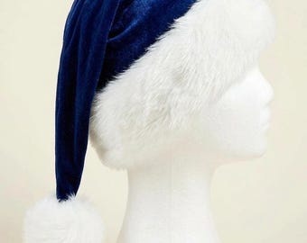 Royal Blue Velvet Santa Hat with White Faux Fur | Luxury Father Christmas Headwear | Traditional Christmas Costume Accessory
