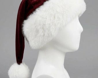 Burgundy Velvet Santa Hat, White Faux Fur Christmas Hat, Festive Holiday Headwear, Classic Father Christmas Costume Accessory, Holiday Gift