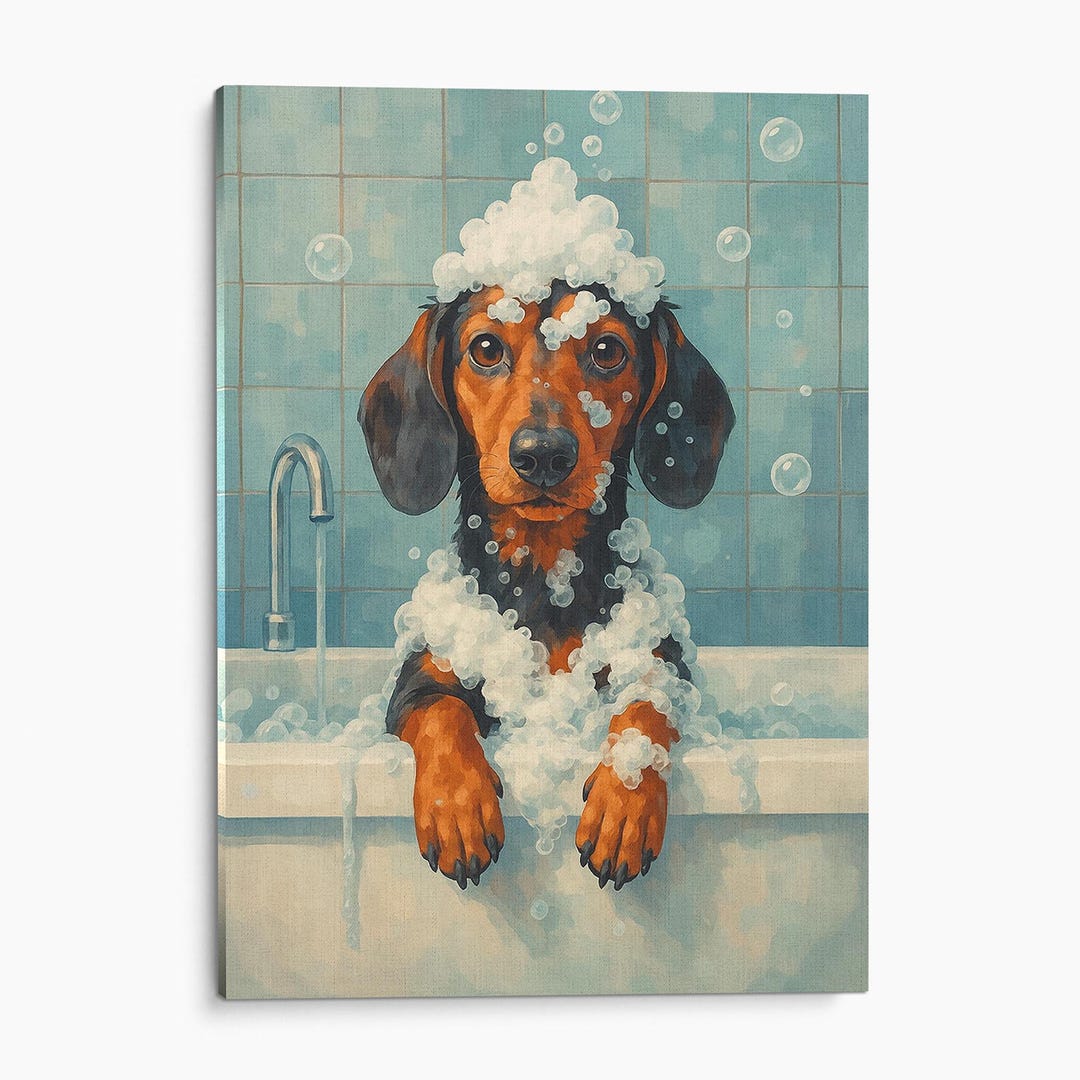 Dachshund Dog Bathtub Bubble Bath Canvas Wall Art Print Bathroom Wall ...