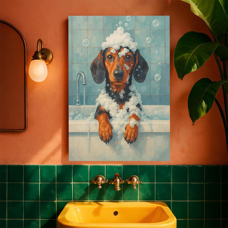 Dachshund Dog Bathtub Bubble Bath Canvas Wall Art Print Bathroom Wall ...