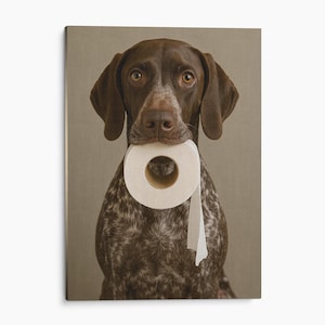 Peut inclure: Un chien de race Braque allemand marron et blanc tenant un rouleau de papier toilette blanc dans sa gueule. Le chien a les yeux marron et les oreilles tombantes. Le fond est de couleur beige neutre.