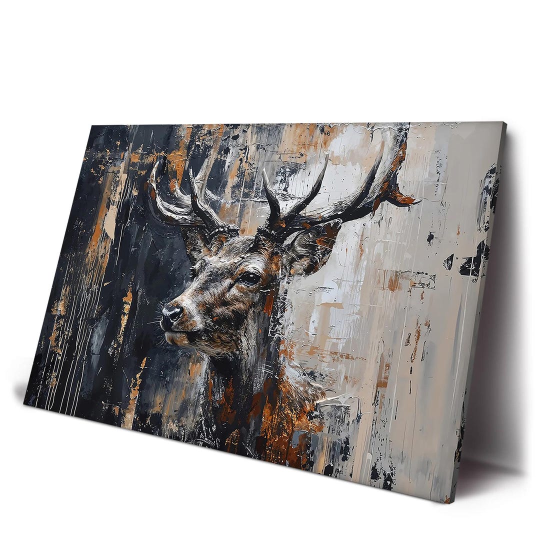 Abstract Stag Portrait Canvas Print | Black, White & Bronze Wildlife ...