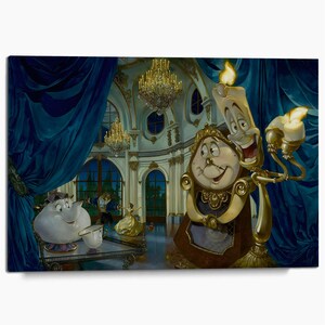 Beauty and the Beast Lumiere Cogsworth Mrs Potts Tea Pot Canvas Print, Vintage Anime Poster, Kids Room Wall Decor, Home Decor Wall Art