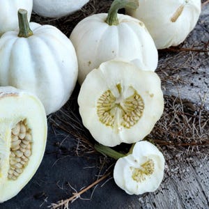 May include: An assortment of white pumpkins, some whole and others cut open to reveal the seeds inside. The pumpkins are arranged on a rustic, weathered wooden surface, with dried twigs scattered around.