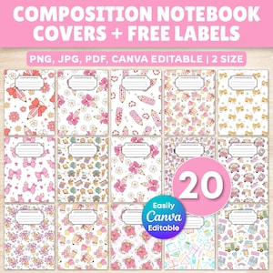 May include: A digital collection of 20 composition notebook covers featuring various patterns including pencils, bows, flowers, and school buses. Each cover includes a white label with the text Composition Book. The set is Canva editable.