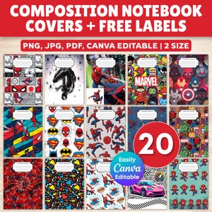 Può includere: Una collezione digitale di 20 copertine per quaderni con varie grafiche di supereroi, inclusi Spider-Man e personaggi Marvel, con motivi, vignette di fumetti e un'auto sportiva rosa, tutte dotate di etichette vuote per la personalizzazione.