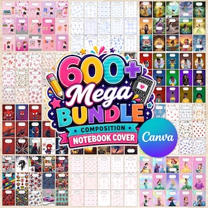 Puede incluir: Una colección digital de más de 600 diseños de portadas para cuadernos de composición con diversos temas, incluyendo personajes de dibujos animados, superhéroes, ilustraciones de princesas y fondos estampados con etiquetas blancas.