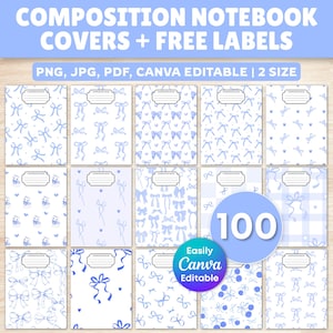 Pode incluir: Uma coleção digital de 100 capas de cadernos com padrões de laços e corações em azul claro sobre fundo branco. Cada capa inclui uma etiqueta retangular com o texto COMPOSITION BOOK. O conjunto é editável no Canva.