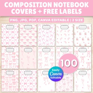 Puede incluir: Una colección digital de 100 portadas para cuadernos con varios patrones de lazos y corazones rosas sobre fondos blancos. Cada portada incluye una etiqueta rectangular con el texto COMPOSITION BOOK. El conjunto es editable en Canva.
