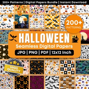 Könnte beinhalten: Eine Sammlung von über 200 nahtlosen digitalen Halloween-Mustern mit Kürbissen, Fledermäusen, Geistern und Spukhäusern in Orange, Schwarz, Weiß und Lila. Der Text lautet 200+ Patterns | Digital Papers Bundle | Instant Download, HALLOWEEN Seamless Digital Papers, JPG | PNG | PDF | 12x12 Inch, und HIGH QUALITY.