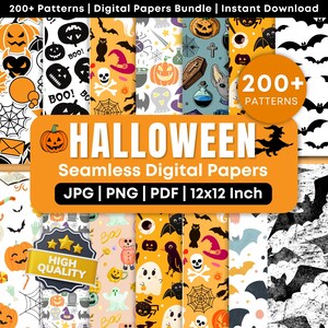 Peut inclure: Un ensemble de plus de 200 papiers numériques sans couture sur le thème d'Halloween aux formats JPG, PNG et PDF, mesurant chacun 30,48x30,48 cm. Les motifs incluent des citrouilles, chauves-souris, fantômes, crânes et chapeaux de sorcière.