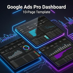 May include: Three digital tablets displaying a Google Ads Pro Dashboard 10-Page Template. The screens show data visualizations with charts and graphs in shades of gray, blue, and purple. The background is dark with neon blue and purple accents.