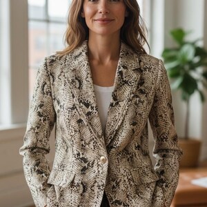 Puede incluir: Blazer beige y negro con estampado de piel de serpiente y cierre de un solo botón dorado. El blazer tiene solapas con muescas y dos bolsillos delanteros. La persona lleva una camiseta blanca y vaqueros grises oscuros.
