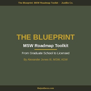 May include: A dark olive-green graphic with the text "THE BLUEPRINT" in gold letters. Below, the text reads "MSW Roadmap Toolkit" and "From Graduate School to Licensed". The author's name is also included.