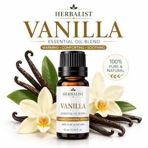 May include: A bottle of Herbalist Vanilla Essential Oil Blend with vanilla beans and flowers. The label reads "100% Pure & Natural" and "10 ml / 0.34 fl. oz.". The text also says "Warming, Comforting, Soothing".