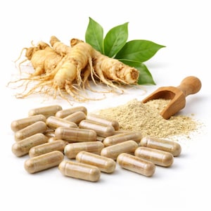 May include: A photograph featuring ginseng roots, green leaves, and capsules. A wooden scoop is in a pile of light brown powder. The capsules are tan and in the foreground. The ginseng roots are light brown with thin, hair-like roots.