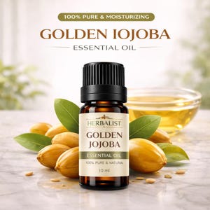 May include: A brown glass bottle of Golden Jojoba Essential Oil with a black cap, displayed with jojoba seeds and green leaves. The label states "HERBALIST GOLDEN JOJOBA ESSENTIAL OIL 100% PURE & NATURAL 10 ml". The text "100% PURE & MOISTURIZING" is at the top.