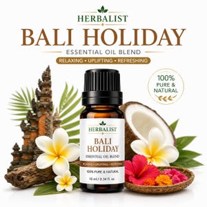 May include: A brown glass bottle of "Bali Holiday" essential oil blend with a black cap. The label reads "Herbalist" and "100% Pure & Natural." The image includes flowers, a coconut, and the text "Relaxing, Uplifting, Refreshing."
