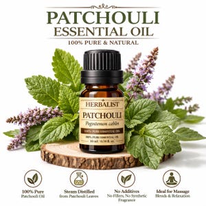 May include: A brown glass bottle of patchouli essential oil with a black cap, surrounded by green leaves and purple flowers. The label reads "Patchouli Essential Oil" and "100% Pure & Natural". The bottle sits on a wooden slice.