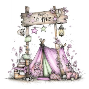 Op de afbeelding: Een illustratie van een kampeerscène met een houten bord met de tekst "Happy Campers". Een roze en groene tipi staat centraal, versierd met sterren en een lantaarn. De scène is versierd met bloemen en kampeertoebehoren.