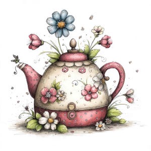 May include: A round ceramic teapot featuring a cream-colored upper body and a pink lower section, decorated with hand-drawn floral motifs in shades of pink, white, and blue. The teapot is adorned with green leaves and blooming flowers.