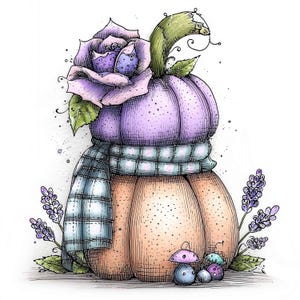 May include: A whimsical illustration of a stacked pumpkin sculpture featuring a light purple top pumpkin adorned with a large purple rose and a bottom orange pumpkin wrapped in a blue and white plaid scarf, accented by small purple flowers and mushrooms.