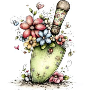 Puede incluir: Ilustración caprichosa de una paleta de jardín verde rebosante de flores y mariposas de colores. El mango de la paleta está decorado con un estampado floral. La obra de arte tiene un estilo de acuarela y pluma y tinta.