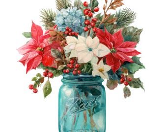 10 JPG Whimsical Poinsettia Jar Clipart, Christmas Glass Jar Flower with Holly Berries, Festive Tis the Season Bundle (Digital Download)