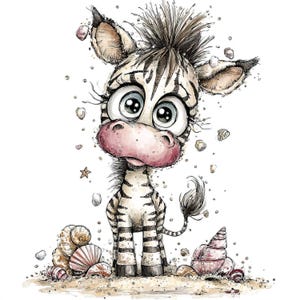 May include: A charming watercolour illustration of a zebra with big, emotive eyes and a pink nose. The zebra is set amongst seashells and sand, evoking a seaside theme. The zebra has black and white stripes and a fluffy mane.