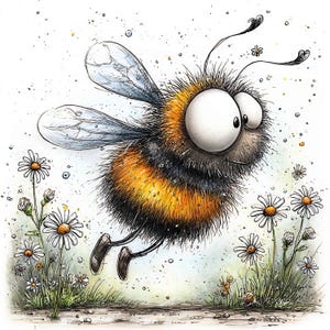 May include: A whimsical illustration of a fuzzy bumblebee with large, round eyes and black and yellow stripes, flying above a patch of white daisies with yellow centers. The bee has translucent wings and thin legs, set against a light background.