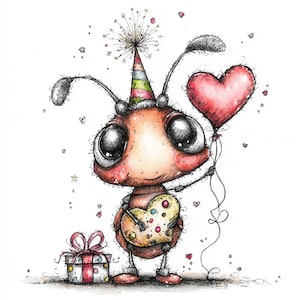 May include: A whimsical illustration of a cartoonish insect with large eyes, wearing a party hat and holding a heart-shaped balloon and a heart-shaped cookie. A wrapped gift box with a pink bow is also present. The artwork is in a colorful, hand-drawn style.