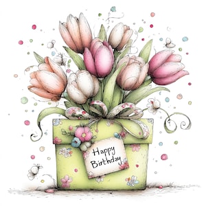 Op de afbeelding: Een illustratie van een cadeauverpakking gevuld met tulpen. De doos is lichtgroen met bloemmotieven en een lint. Een label leest "Happy Birthday". De tulpen zijn roze, perzik en wit.
